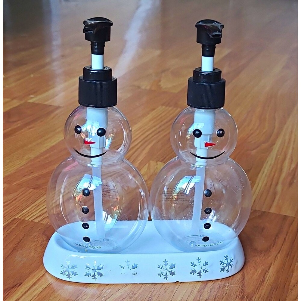 Snowman Double Refillable Soap Dispenser Set w/ White Snowflake Tray